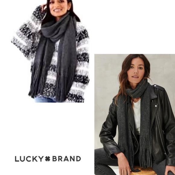 NWT Lucky Brand Extra Long Fringed Scarf Med Charcoal Grey - Picture 3 of 13